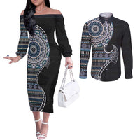 Fijian Masi Tribal Tattoos Art Pattern Couples Matching Off The Shoulder Long Sleeve Dress and Long Sleeve Button Shirt Navy Color Half Style LT03 Navy - Polynesian Pride