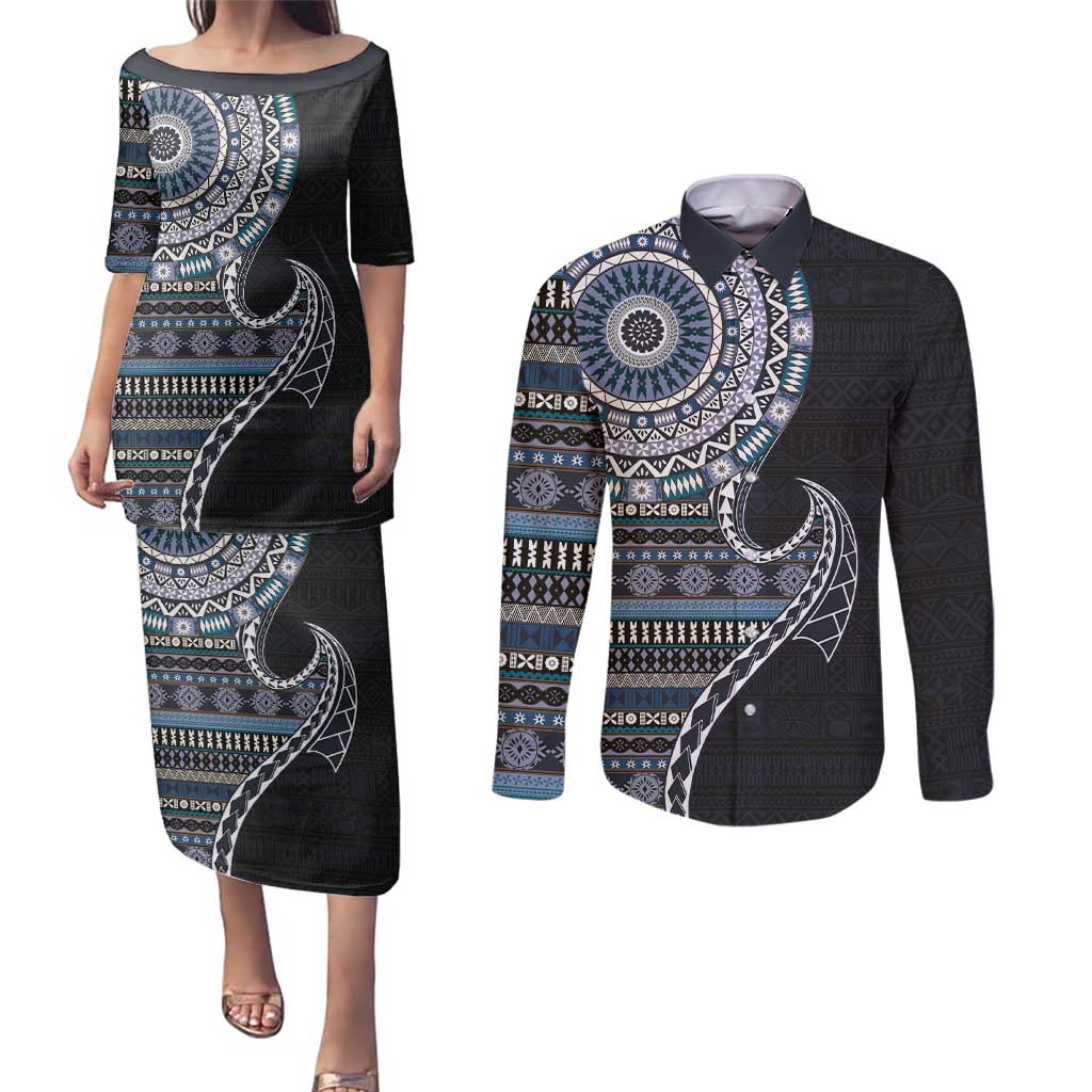 Fijian Masi Tribal Tattoos Art Pattern Couples Matching Puletasi and Long Sleeve Button Shirt Navy Color Half Style - Polynesian Pride