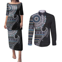 Fijian Masi Tribal Tattoos Art Pattern Couples Matching Puletasi and Long Sleeve Button Shirt Navy Color Half Style - Polynesian Pride