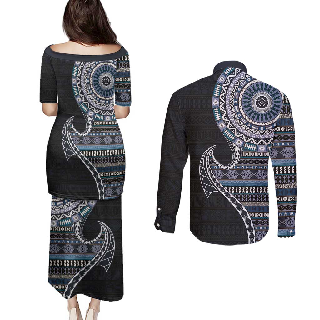 Fijian Masi Tribal Tattoos Art Pattern Couples Matching Puletasi and Long Sleeve Button Shirt Navy Color Half Style - Polynesian Pride