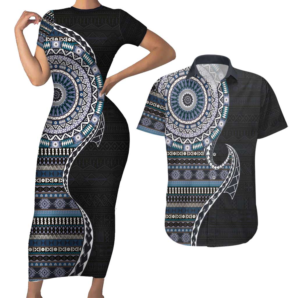 Fijian Masi Tribal Tattoos Art Pattern Couples Matching Short Sleeve Bodycon Dress and Hawaiian Shirt Navy Color Half Style LT03 Navy - Polynesian Pride