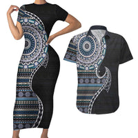 Fijian Masi Tribal Tattoos Art Pattern Couples Matching Short Sleeve Bodycon Dress and Hawaiian Shirt Navy Color Half Style LT03 Navy - Polynesian Pride