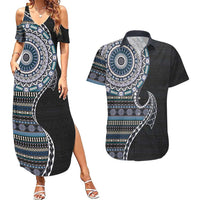 Fijian Masi Tribal Tattoos Art Pattern Couples Matching Summer Maxi Dress and Hawaiian Shirt Navy Color Half Style LT03 Navy - Polynesian Pride