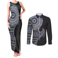 Fijian Masi Tribal Tattoos Art Pattern Couples Matching Tank Maxi Dress and Long Sleeve Button Shirt Navy Color Half Style LT03 Navy - Polynesian Pride
