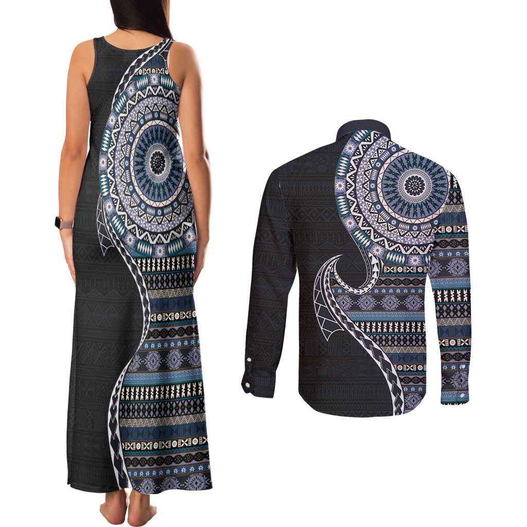 Fijian Masi Tribal Tattoos Art Pattern Couples Matching Tank Maxi Dress and Long Sleeve Button Shirt Navy Color Half Style LT03 - Polynesian Pride