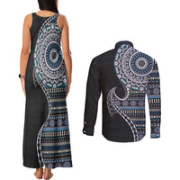 Fijian Masi Tribal Tattoos Art Pattern Couples Matching Tank Maxi Dress and Long Sleeve Button Shirt Navy Color Half Style LT03 - Polynesian Pride