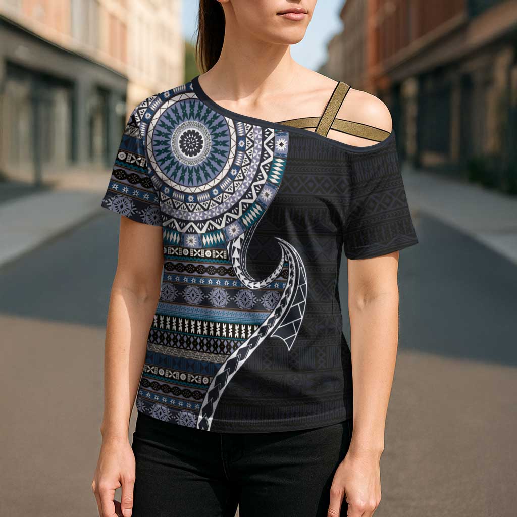 Fijian Masi Tribal Tattoos Art Pattern Cross Shoulder Shirt Navy Color Half Style - Polynesian Pride