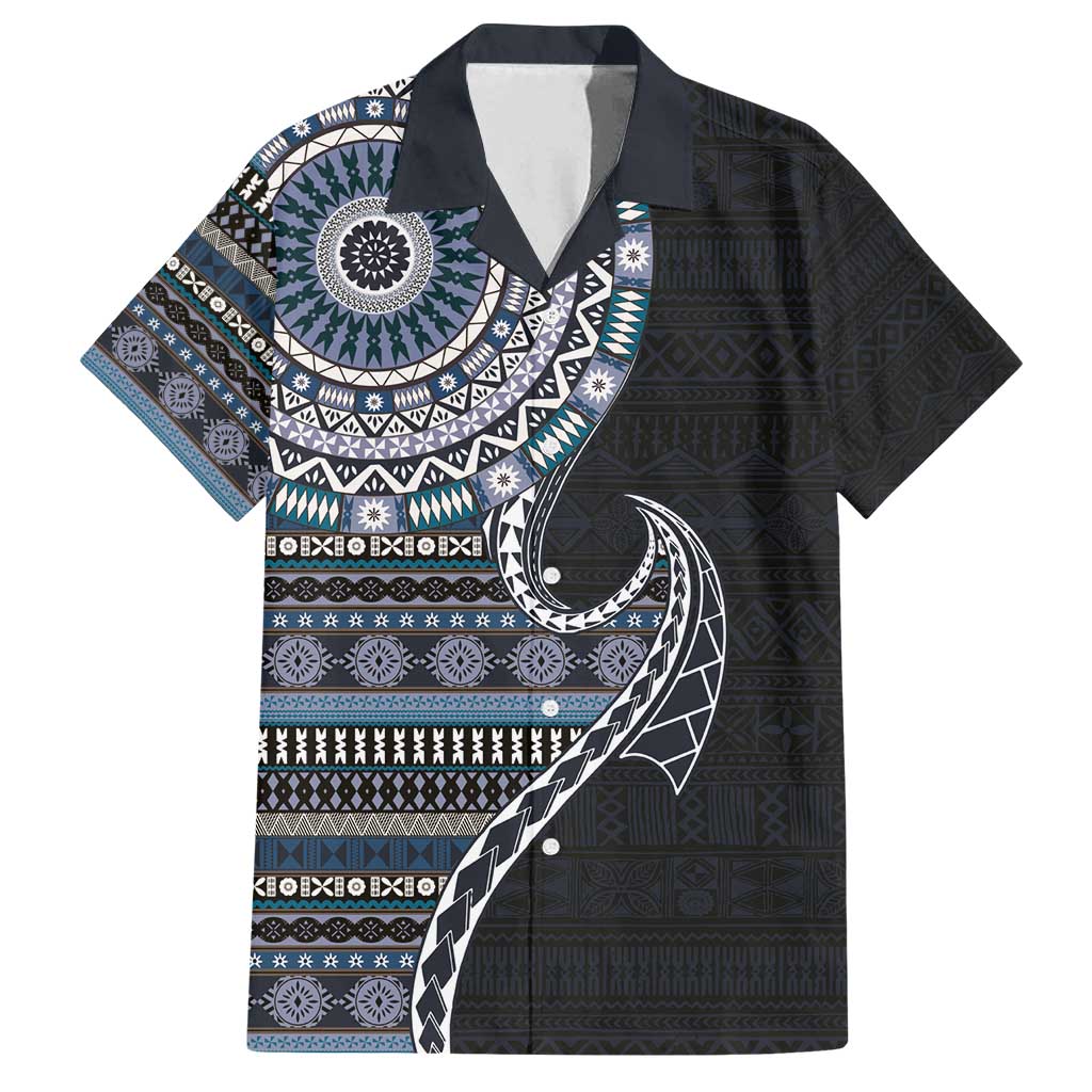 Fijian Masi Tribal Tattoos Art Pattern Family Matching Long Sleeve Bodycon Dress and Hawaiian Shirt Navy Color Half Style LT03 Dad's Shirt - Short Sleeve Navy - Polynesian Pride