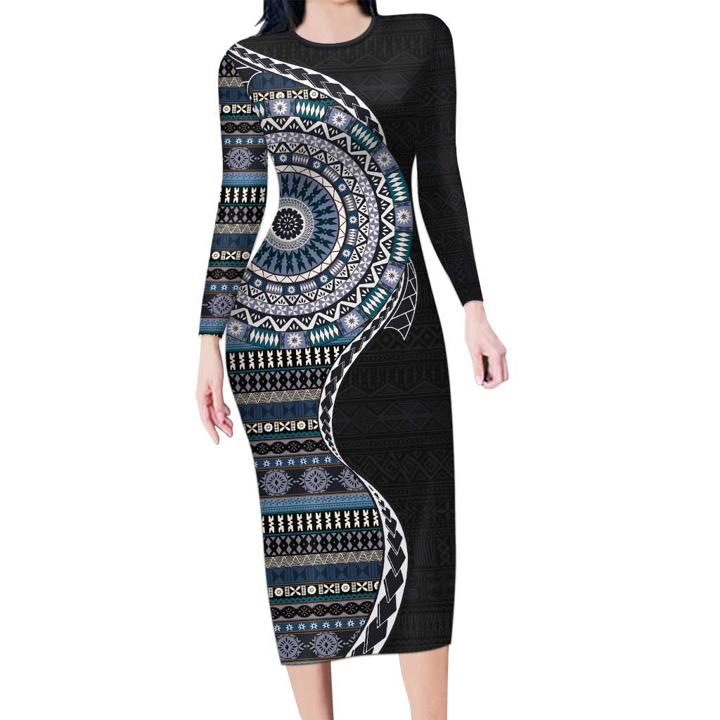 Fijian Masi Tribal Tattoos Art Pattern Family Matching Long Sleeve Bodycon Dress and Hawaiian Shirt Navy Color Half Style LT03 Mom's Dress Navy - Polynesian Pride