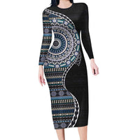 Fijian Masi Tribal Tattoos Art Pattern Family Matching Long Sleeve Bodycon Dress and Hawaiian Shirt Navy Color Half Style LT03 Mom's Dress Navy - Polynesian Pride