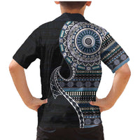Fijian Masi Tribal Tattoos Art Pattern Family Matching Mermaid Dress and Hawaiian Shirt Navy Color Half Style LT03 - Polynesian Pride