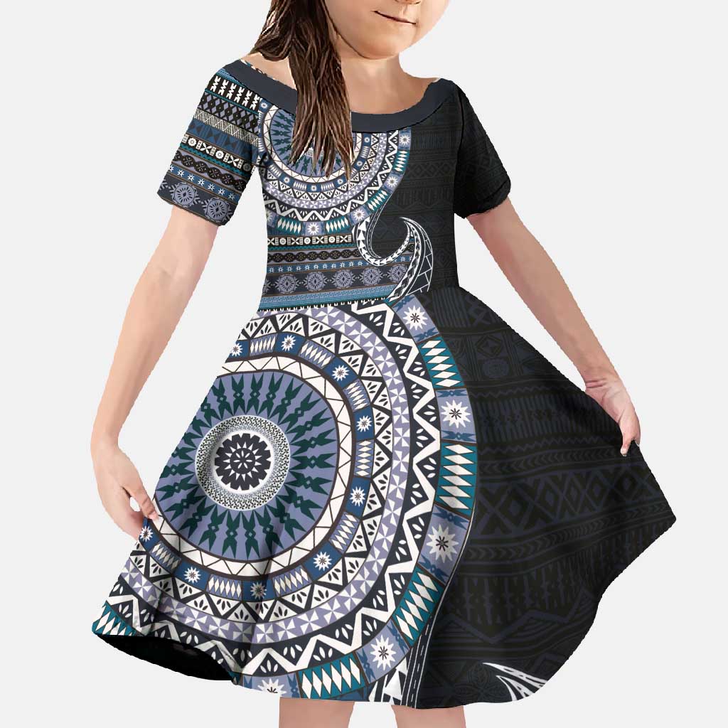 Fijian Masi Tribal Tattoos Art Pattern Family Matching Mermaid Dress and Hawaiian Shirt Navy Color Half Style LT03 Daughter's Dress Navy - Polynesian Pride