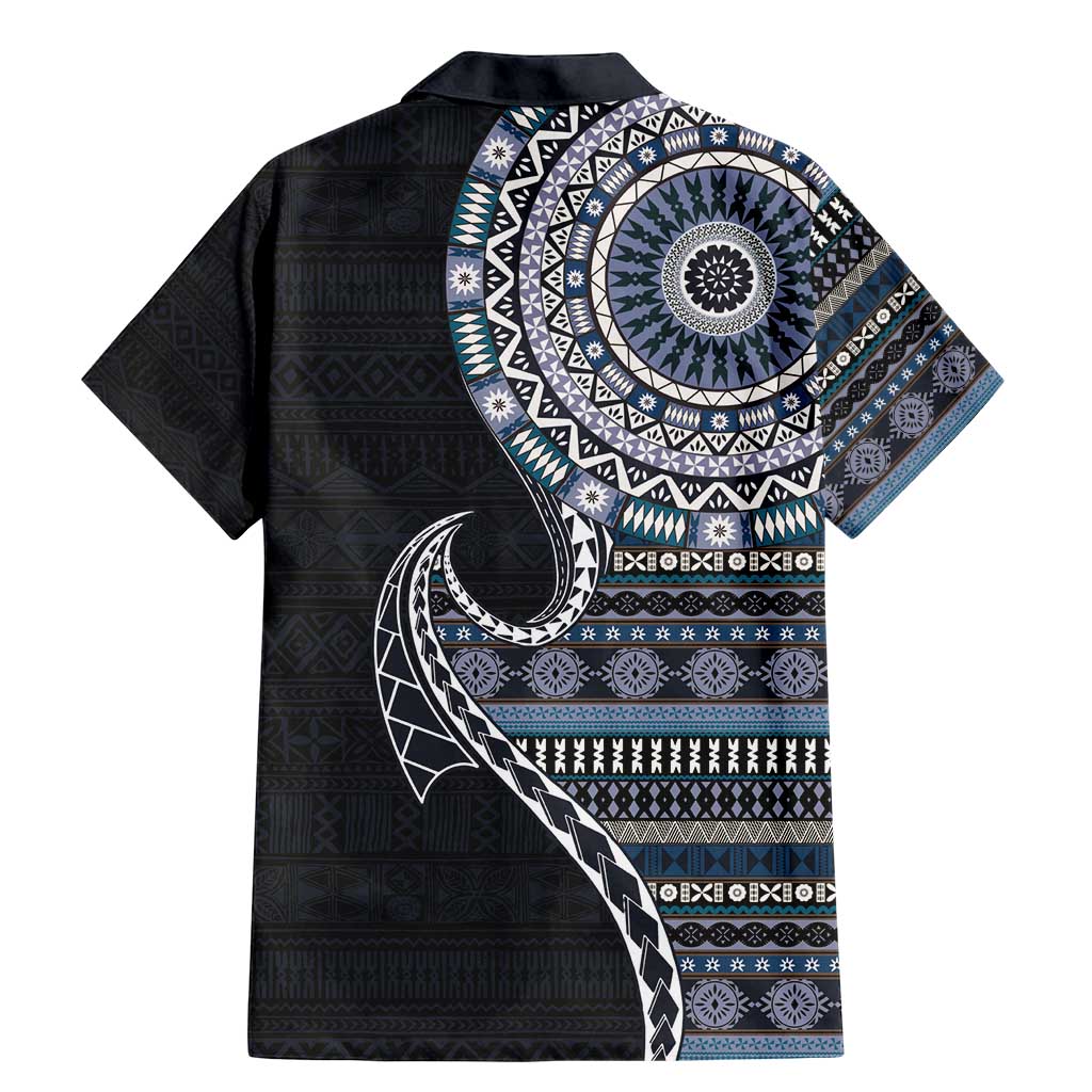 Fijian Masi Tribal Tattoos Art Pattern Family Matching Mermaid Dress and Hawaiian Shirt Navy Color Half Style LT03 - Polynesian Pride
