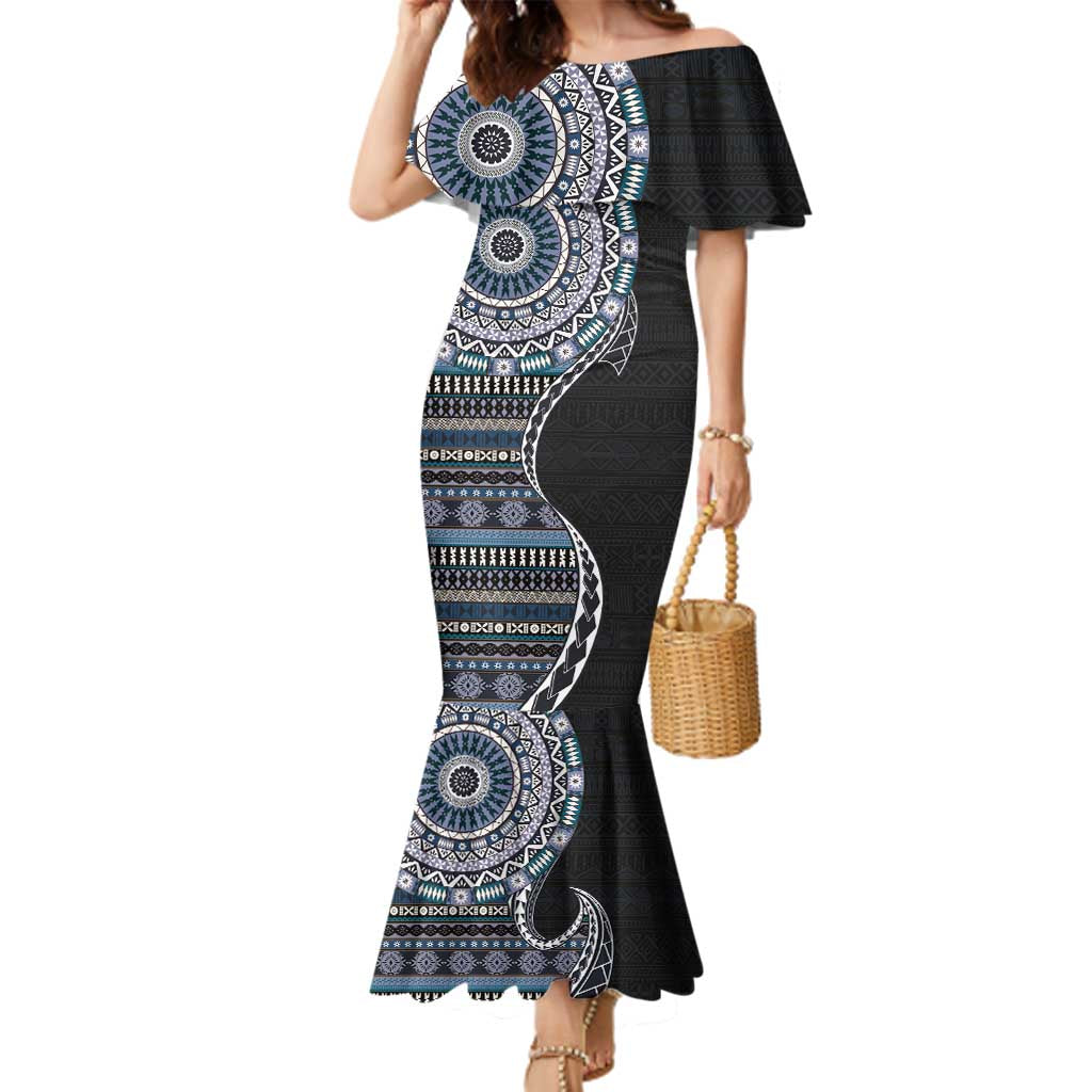 Fijian Masi Tribal Tattoos Art Pattern Family Matching Mermaid Dress and Hawaiian Shirt Navy Color Half Style LT03 Mom's Dress Navy - Polynesian Pride