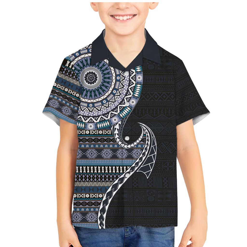 Fijian Masi Tribal Tattoos Art Pattern Family Matching Mermaid Dress and Hawaiian Shirt Navy Color Half Style LT03 Son's Shirt Navy - Polynesian Pride