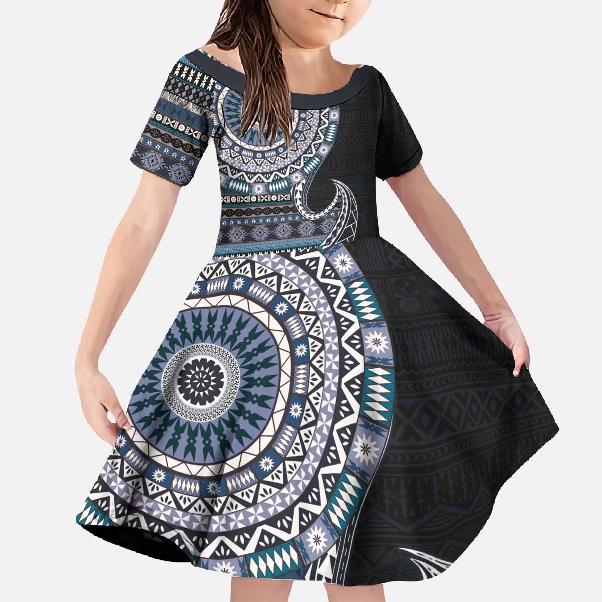 Fijian Masi Tribal Tattoos Art Pattern Family Matching Off The Shoulder Long Sleeve Dress and Hawaiian Shirt Navy Color Half Style LT03 Daughter's Dress Navy - Polynesian Pride