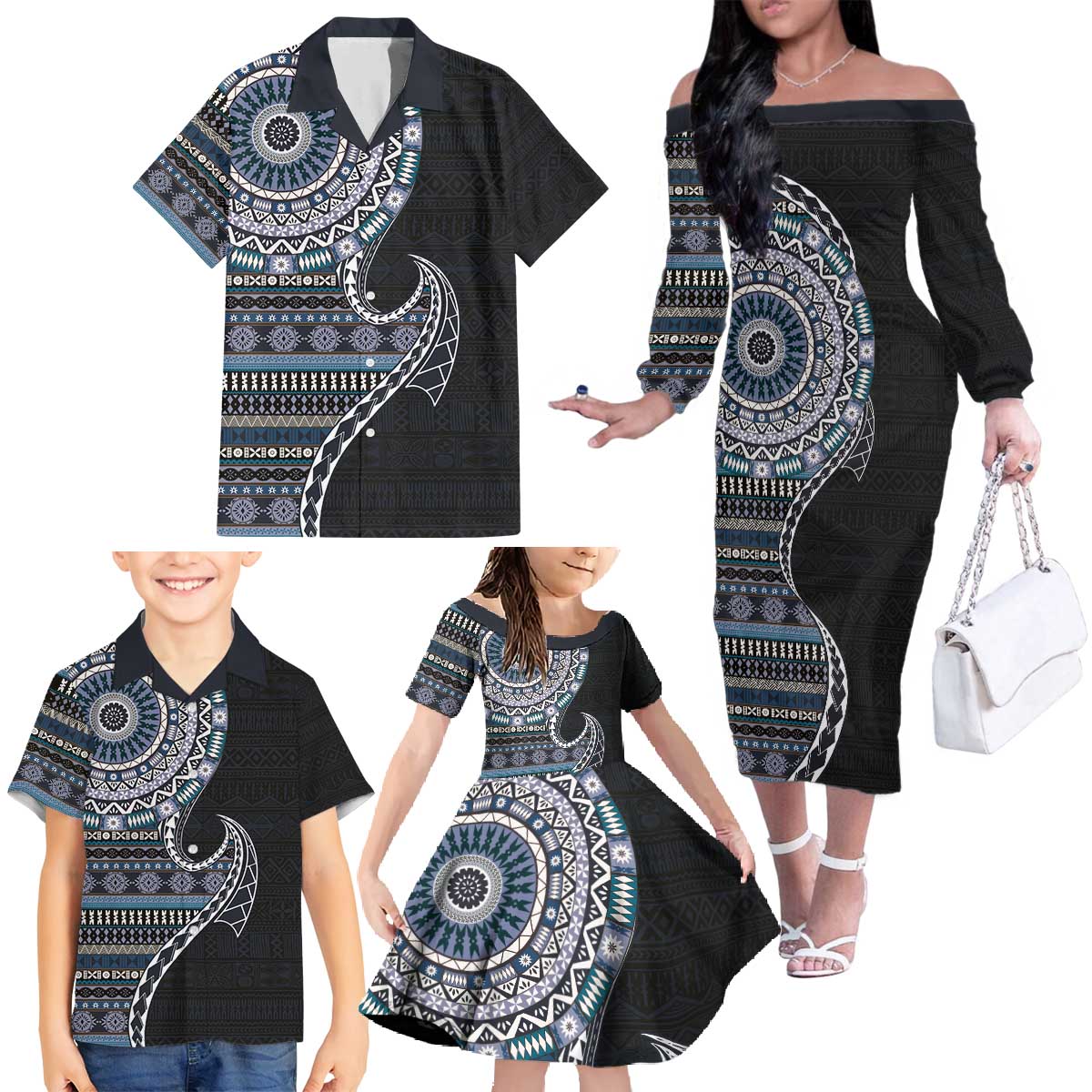 Fijian Masi Tribal Tattoos Art Pattern Family Matching Off The Shoulder Long Sleeve Dress and Hawaiian Shirt Navy Color Half Style LT03 - Polynesian Pride