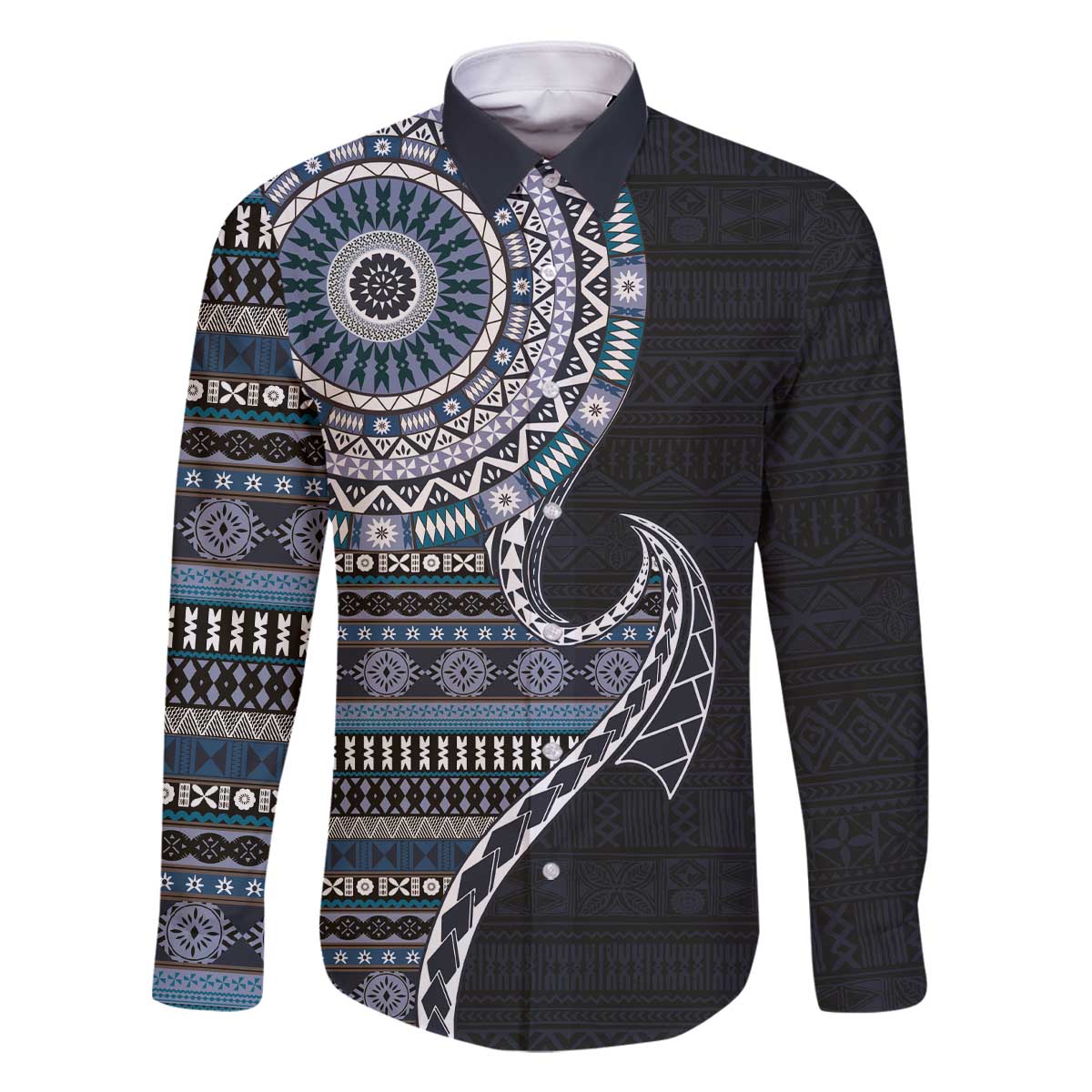 Fijian Masi Tribal Tattoos Art Pattern Family Matching Off The Shoulder Long Sleeve Dress and Hawaiian Shirt Navy Color Half Style LT03 Dad's Shirt - Long Sleeve Navy - Polynesian Pride