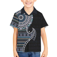 Fijian Masi Tribal Tattoos Art Pattern Family Matching Off The Shoulder Long Sleeve Dress and Hawaiian Shirt Navy Color Half Style LT03 Son's Shirt Navy - Polynesian Pride