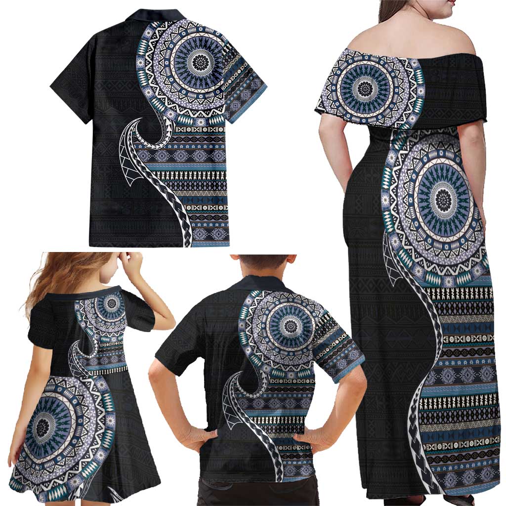 Fijian Masi Tribal Tattoos Art Pattern Family Matching Off Shoulder Maxi Dress and Hawaiian Shirt Navy Color Half Style LT03 - Polynesian Pride