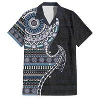 Fijian Masi Tribal Tattoos Art Pattern Family Matching Off Shoulder Maxi Dress and Hawaiian Shirt Navy Color Half Style LT03 Dad's Shirt - Short Sleeve Navy - Polynesian Pride