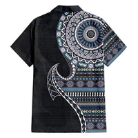 Fijian Masi Tribal Tattoos Art Pattern Family Matching Off Shoulder Maxi Dress and Hawaiian Shirt Navy Color Half Style LT03 - Polynesian Pride