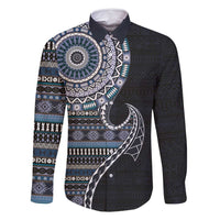 Fijian Masi Tribal Tattoos Art Pattern Family Matching Off Shoulder Maxi Dress and Hawaiian Shirt Navy Color Half Style LT03 Dad's Shirt - Long Sleeve Navy - Polynesian Pride