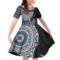 Fijian Masi Tribal Tattoos Art Pattern Family Matching Off Shoulder Short Dress and Hawaiian Shirt Navy Color Half Style LT03 Daughter's Dress Navy - Polynesian Pride