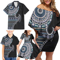 Fijian Masi Tribal Tattoos Art Pattern Family Matching Off Shoulder Short Dress and Hawaiian Shirt Navy Color Half Style LT03 - Polynesian Pride
