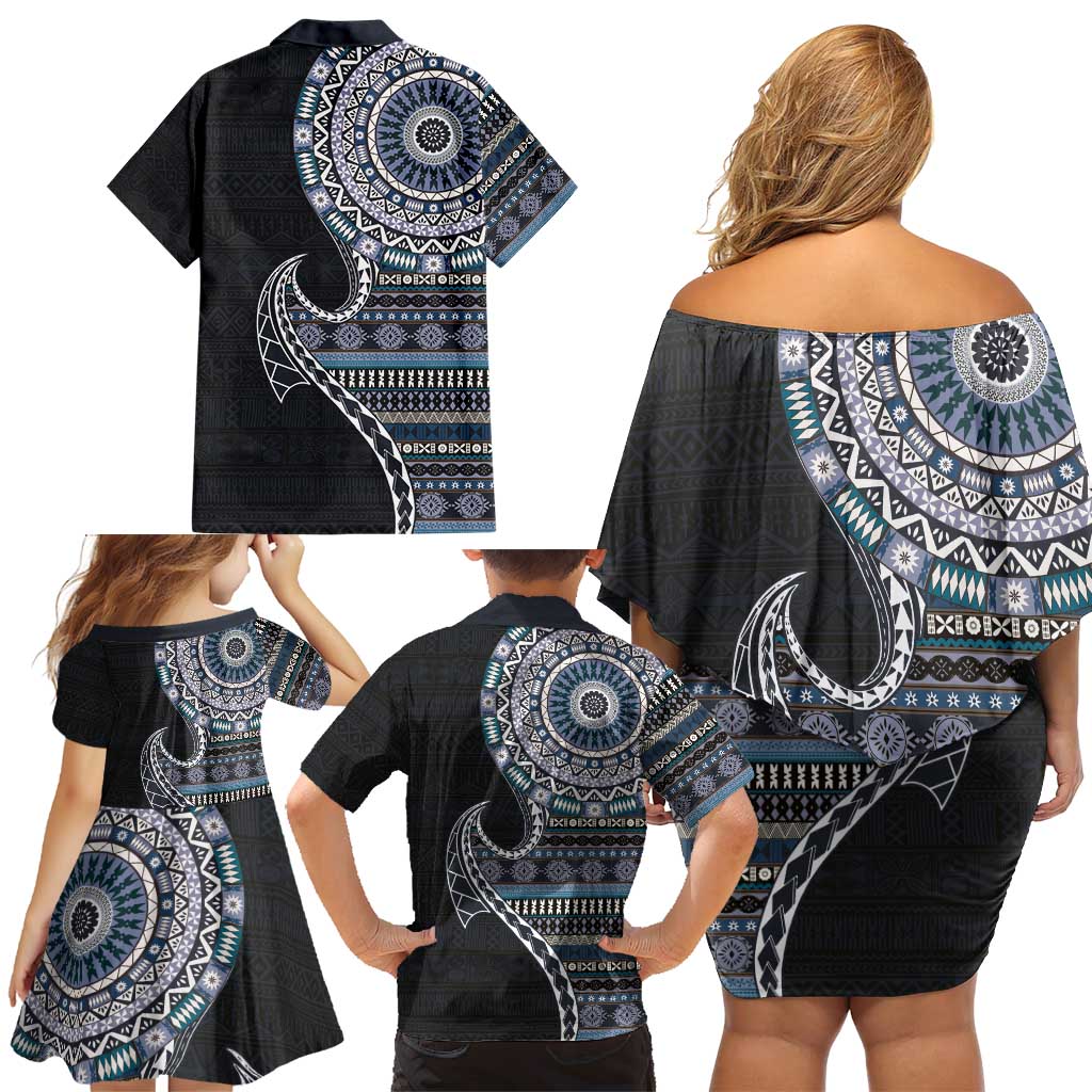 Fijian Masi Tribal Tattoos Art Pattern Family Matching Off Shoulder Short Dress and Hawaiian Shirt Navy Color Half Style LT03 - Polynesian Pride