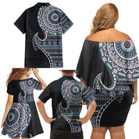 Fijian Masi Tribal Tattoos Art Pattern Family Matching Off Shoulder Short Dress and Hawaiian Shirt Navy Color Half Style LT03 - Polynesian Pride