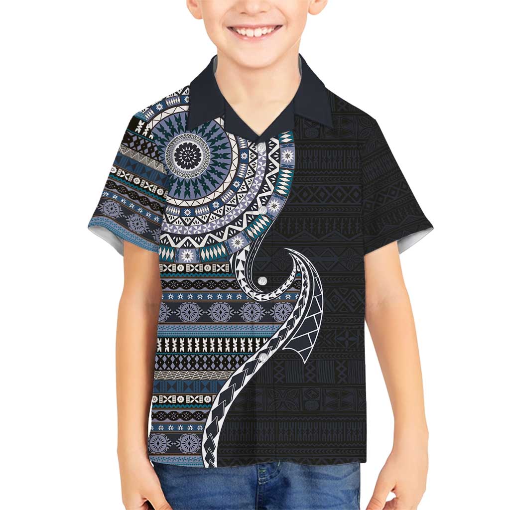Fijian Masi Tribal Tattoos Art Pattern Family Matching Off Shoulder Short Dress and Hawaiian Shirt Navy Color Half Style LT03 Son's Shirt Navy - Polynesian Pride