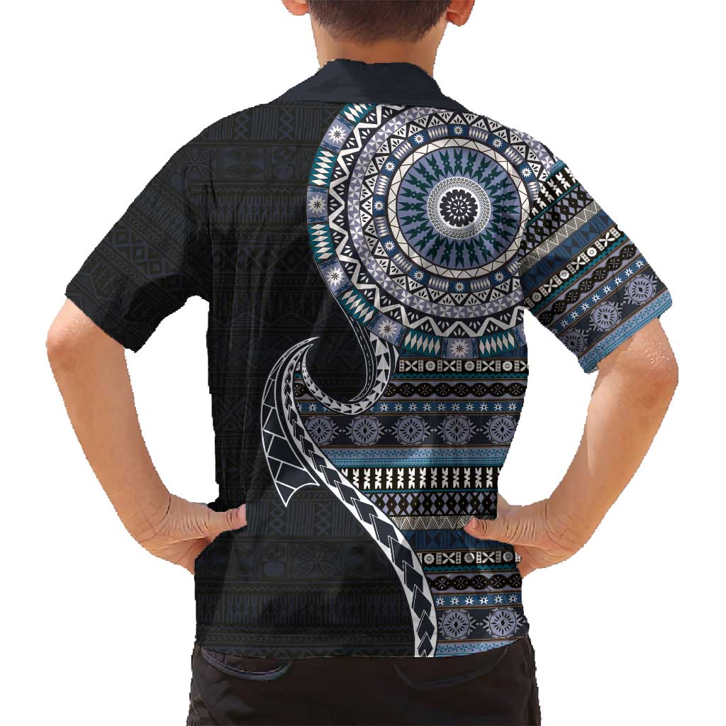 Fijian Masi Tribal Tattoos Art Pattern Family Matching Puletasi and Hawaiian Shirt Navy Color Half Style LT03 - Polynesian Pride