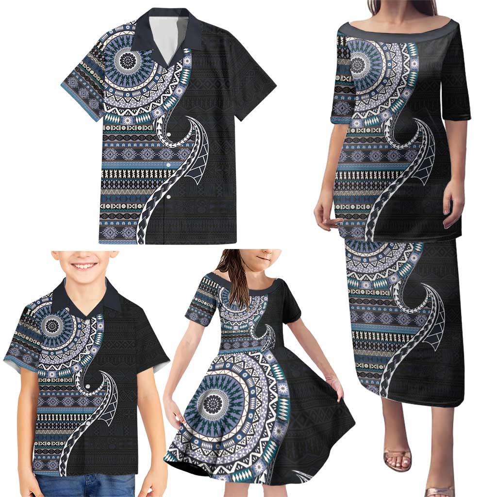 Fijian Masi Tribal Tattoos Art Pattern Family Matching Puletasi and Hawaiian Shirt Navy Color Half Style LT03 - Polynesian Pride