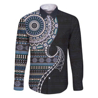 Fijian Masi Tribal Tattoos Art Pattern Family Matching Puletasi and Hawaiian Shirt Navy Color Half Style LT03 Dad's Shirt - Long Sleeve Navy - Polynesian Pride