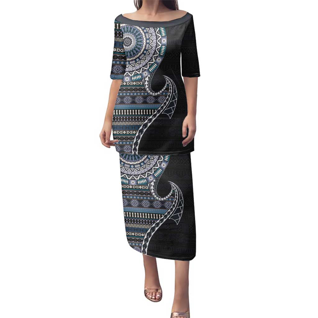 Fijian Masi Tribal Tattoos Art Pattern Family Matching Puletasi and Hawaiian Shirt Navy Color Half Style LT03 Mom's Dress Navy - Polynesian Pride