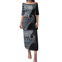 Fijian Masi Tribal Tattoos Art Pattern Family Matching Puletasi and Hawaiian Shirt Navy Color Half Style LT03 Mom's Dress Navy - Polynesian Pride