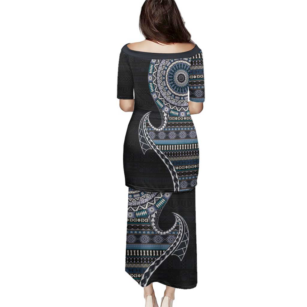 Fijian Masi Tribal Tattoos Art Pattern Family Matching Puletasi and Hawaiian Shirt Navy Color Half Style LT03 - Polynesian Pride