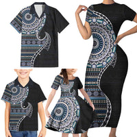 Fijian Masi Tribal Tattoos Art Pattern Family Matching Short Sleeve Bodycon Dress and Hawaiian Shirt Navy Color Half Style LT03 - Polynesian Pride