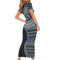 Fijian Masi Tribal Tattoos Art Pattern Family Matching Short Sleeve Bodycon Dress and Hawaiian Shirt Navy Color Half Style LT03 - Polynesian Pride