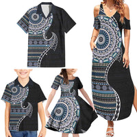 Fijian Masi Tribal Tattoos Art Pattern Family Matching Summer Maxi Dress and Hawaiian Shirt Navy Color Half Style LT03 - Polynesian Pride