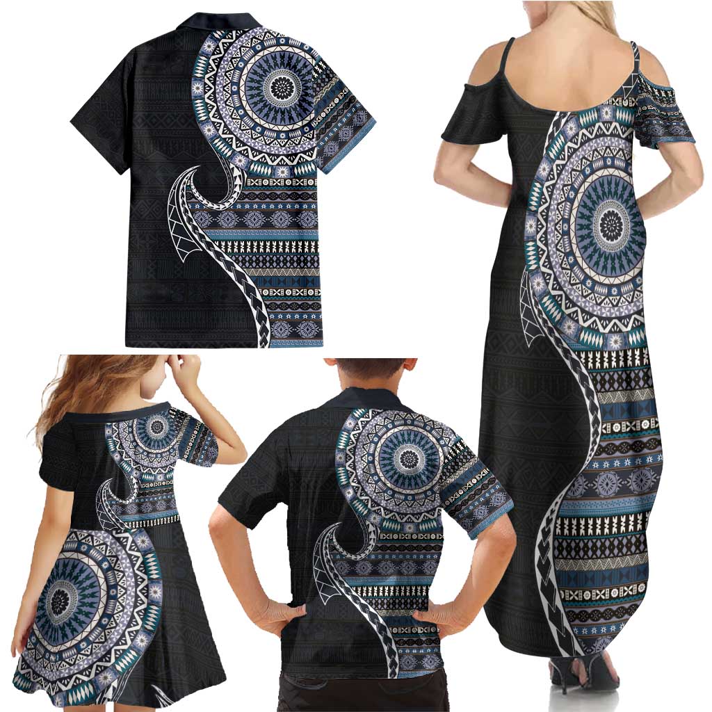 Fijian Masi Tribal Tattoos Art Pattern Family Matching Summer Maxi Dress and Hawaiian Shirt Navy Color Half Style LT03 - Polynesian Pride