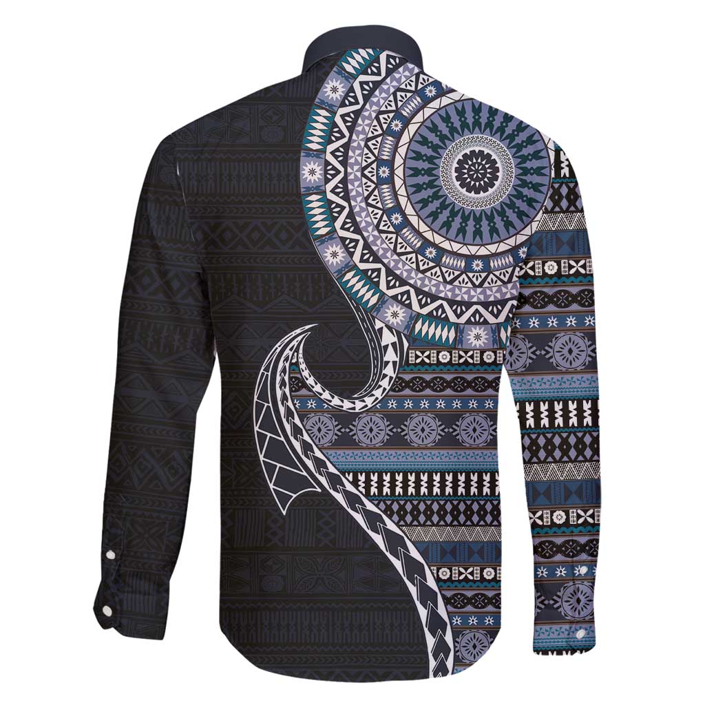 Fijian Masi Tribal Tattoos Art Pattern Family Matching Tank Maxi Dress and Hawaiian Shirt Navy Color Half Style LT03 - Polynesian Pride