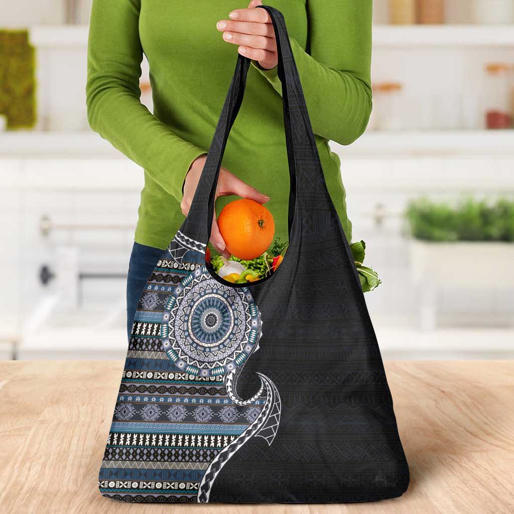 Fijian Masi Tribal Tattoos Art Pattern Grocery Bag Navy Color Half Style - Polynesian Pride