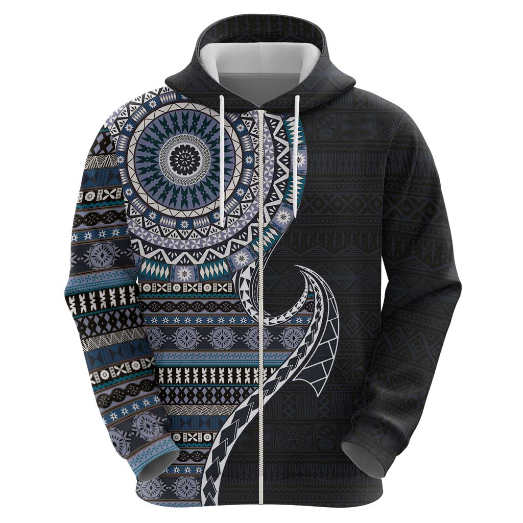 Fijian Masi Tribal Tattoos Art Pattern Hoodie Navy Color Half Style - Polynesian Pride