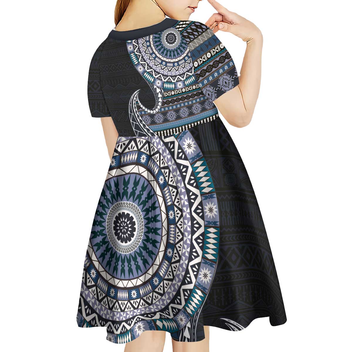 Fijian Masi Tribal Tattoos Art Pattern Kid Short Sleeve Dress Navy Color Half Style - Polynesian Pride