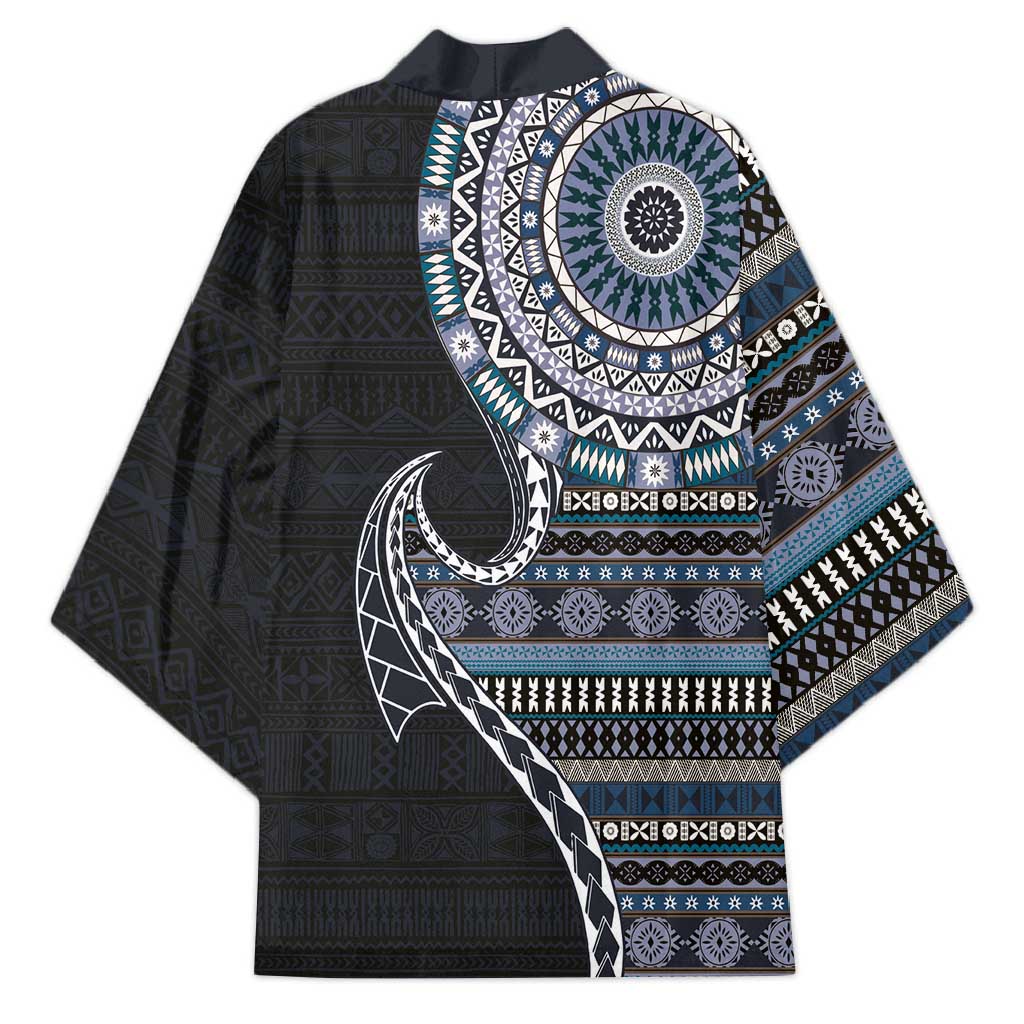 Fijian Masi Tribal Tattoos Art Pattern Kimono Navy Color Half Style LT03 - Polynesian Pride