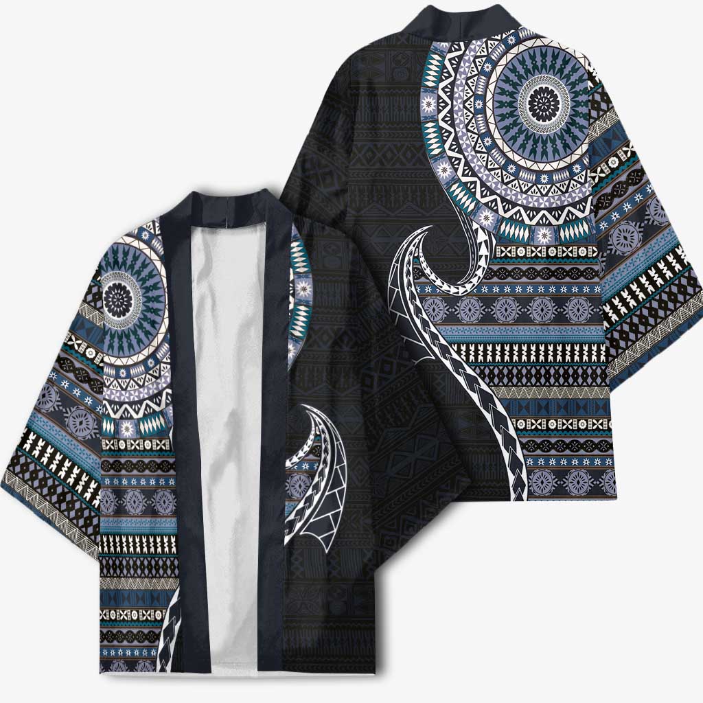 Fijian Masi Tribal Tattoos Art Pattern Kimono Navy Color Half Style LT03 - Polynesian Pride