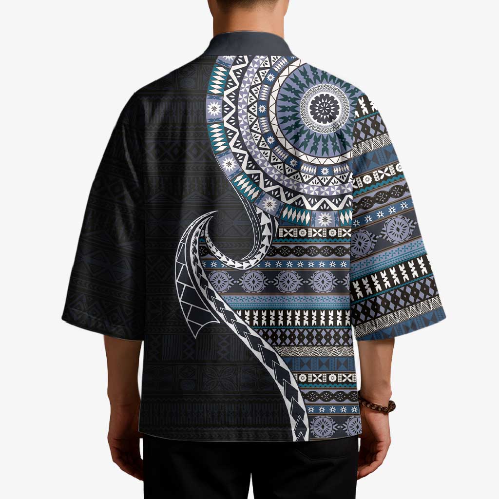 Fijian Masi Tribal Tattoos Art Pattern Kimono Navy Color Half Style LT03 - Polynesian Pride