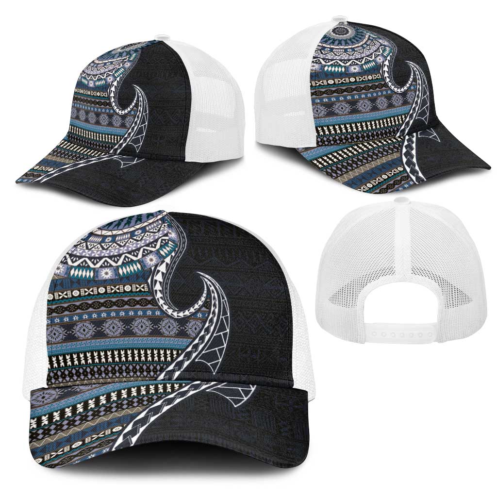 Fijian Masi Tribal Tattoos Art Pattern Mesh Trucker Cap Navy Color Half Style LT03 - Polynesian Pride